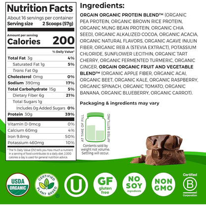 Orgain Organic 30G Vegan Protein Powder, Chocolate 9G Eaas + Bcaas, Plant Protein, 6G Prebiotic + Fiber, 1G Sugar, Pre-Workout, Muscle Support + Recovery - 2.01Lb (Packaging May Vary)