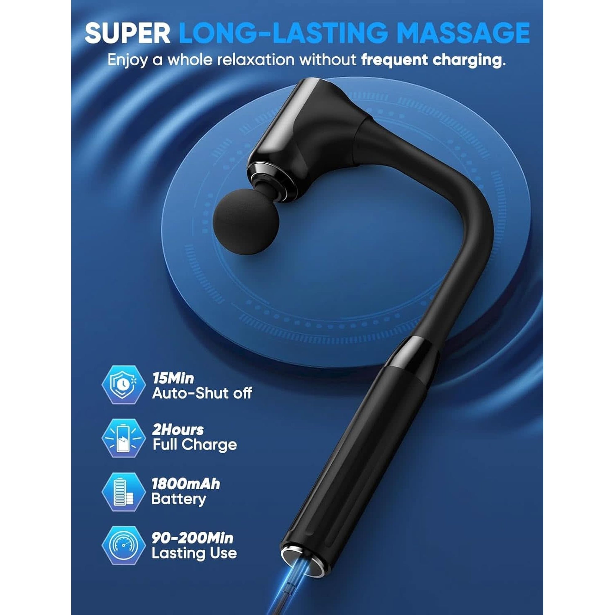 Massage Gun Deep Tissue - Back Massager for Pain Relief Deep Tissue with Extended Handle, 12MM Percussion Less-Shock Neck/Foot/Leg/Shoulder Massager, Infinitely Adjustable Speed & 4 Replaceable Heads