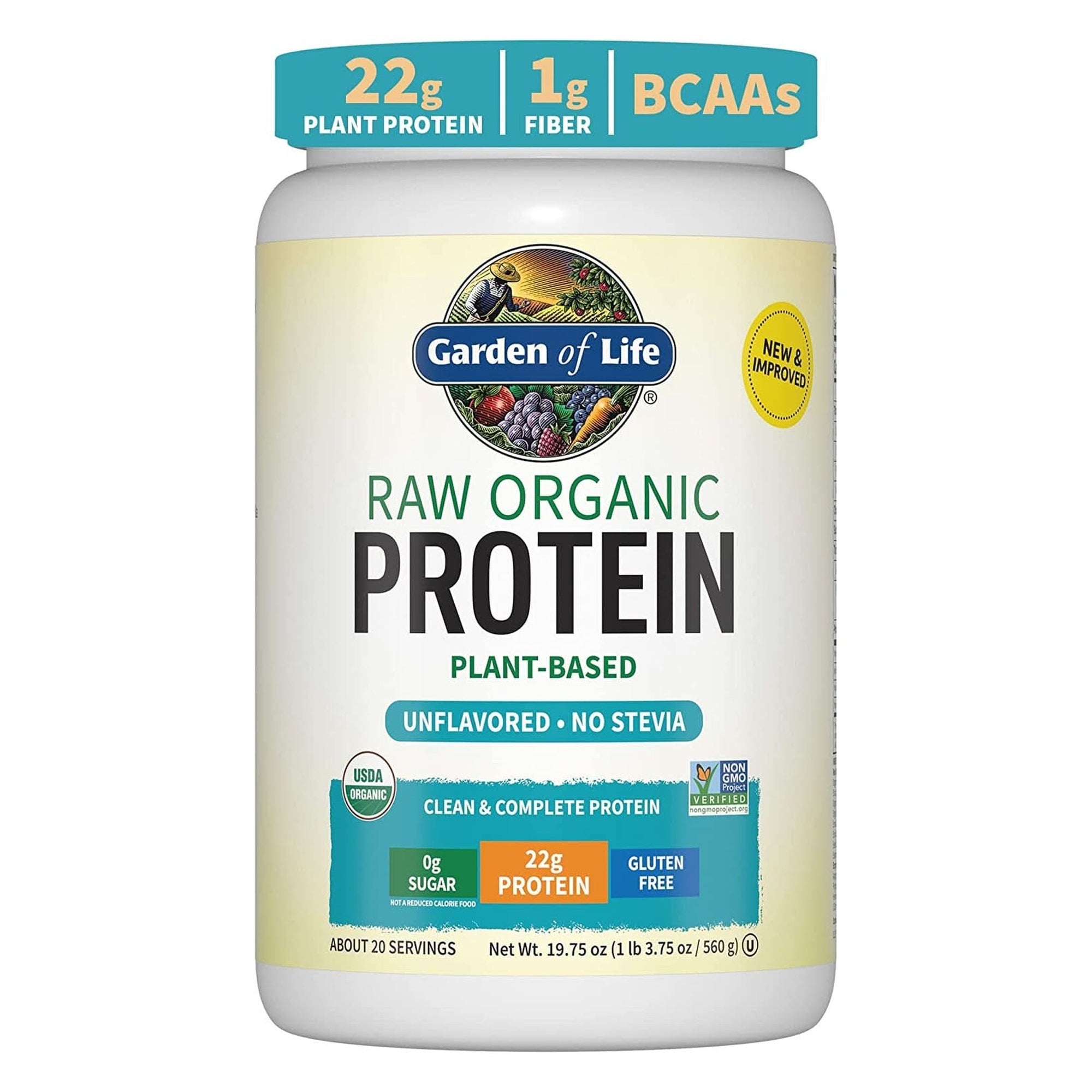 Organic Vegan Protein Powder, Unflavored Protein Powder, Garden of Life 22G Plant Based Protein & Bcaas, Organic Protein Powder with Probiotics & Enzymes, Non-Gmo, Gluten-Free Lactose Free 1.2 LB