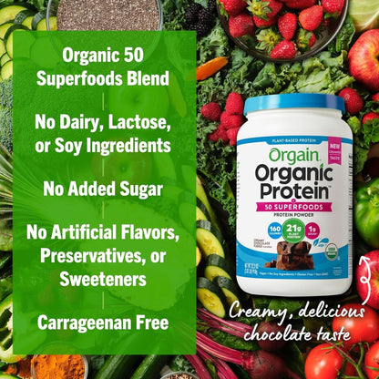 Orgain Organic Vegan Protein + 50 Superfoods Powder, Creamy Chocolate Fudge - 21G Plant Based Protein, 10G Prebiotic Fiber, No Lactose Ingredients, Gluten Free, Non-Gmo, 2.02 Lb (Packaging May Vary)