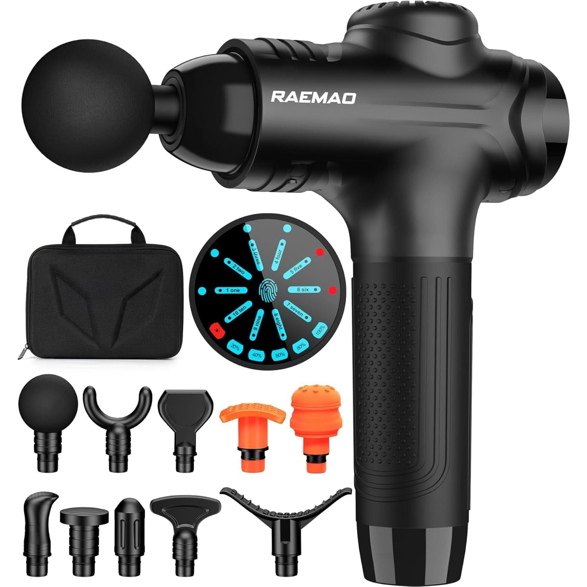 RAEMAO Massage Gun, Massage Gun Deep Tissue, Back Massage Gun for Athletes for Pain Relief Attaching 10 PCS Replacement Heads, Percussion Massager with 10 Speeds & LED Screen, Carbon