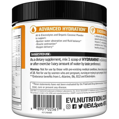 Evlution Nutrition HYDRAMINO Complete Hydration Multiplier, All 6 Electrolytes, Vitamin C & B, Fluid Boosting Aminos, Coconut Water, Endurance, Recovery, Antioxidants, 30 Serve, Orange Mango