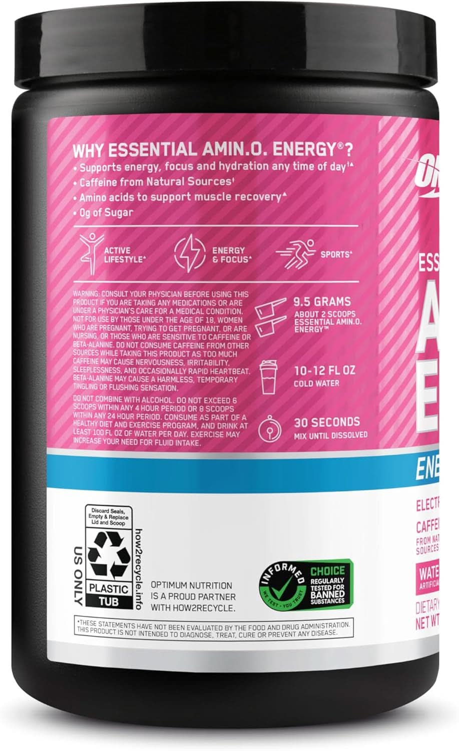 Optimum Nutrition Amino Energy Powder plus Hydration, with BCAA, Electrolytes, and Caffeine, Watermelon Splash, 30 Servings (Packaging May Vary)