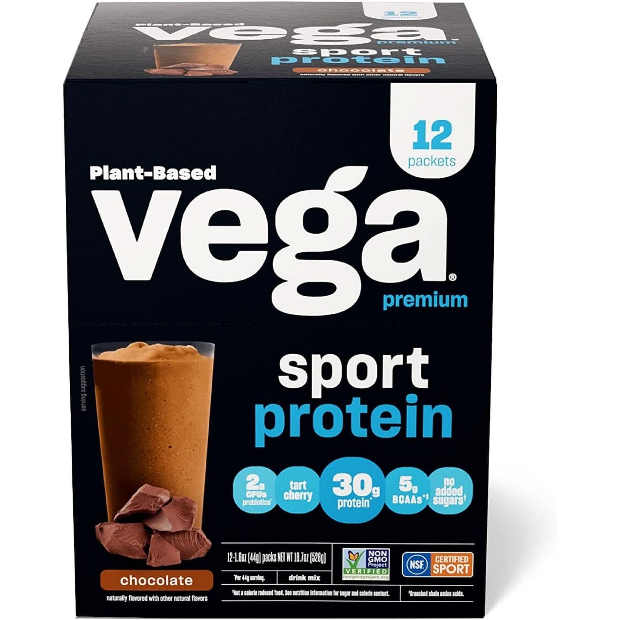 Vega Premium Sport Protein Chocolate Protein Powder, Vegan, Non GMO, Gluten Free Plant Based Protein Powder Drink Mix, NSF Certified for Sport, 29.5 Oz