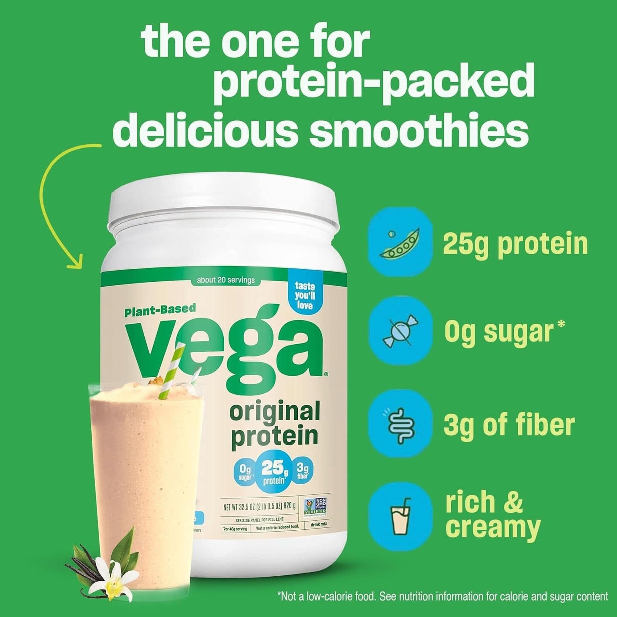 Vega Original Protein Powder, Creamy Vanilla Plant Based Protein Drink Mix for Water, Milk and Smoothies, 32.5 Oz