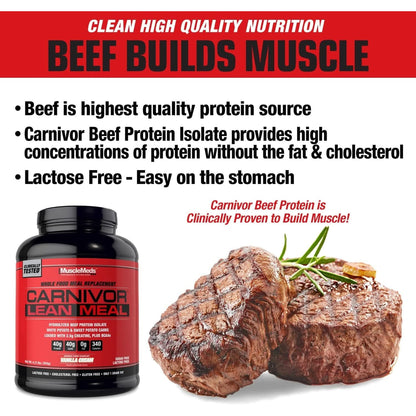 Musclemeds CARNIVOR LEAN MEAL Whole Food Meal Replacement Shake, MRE, Beef Protein Isolate, White Potato, Sweet Potato, 40G Protein, 40 G Carbs, Lactose Free, Sugar Free, Vanilla Cream 20 Servings