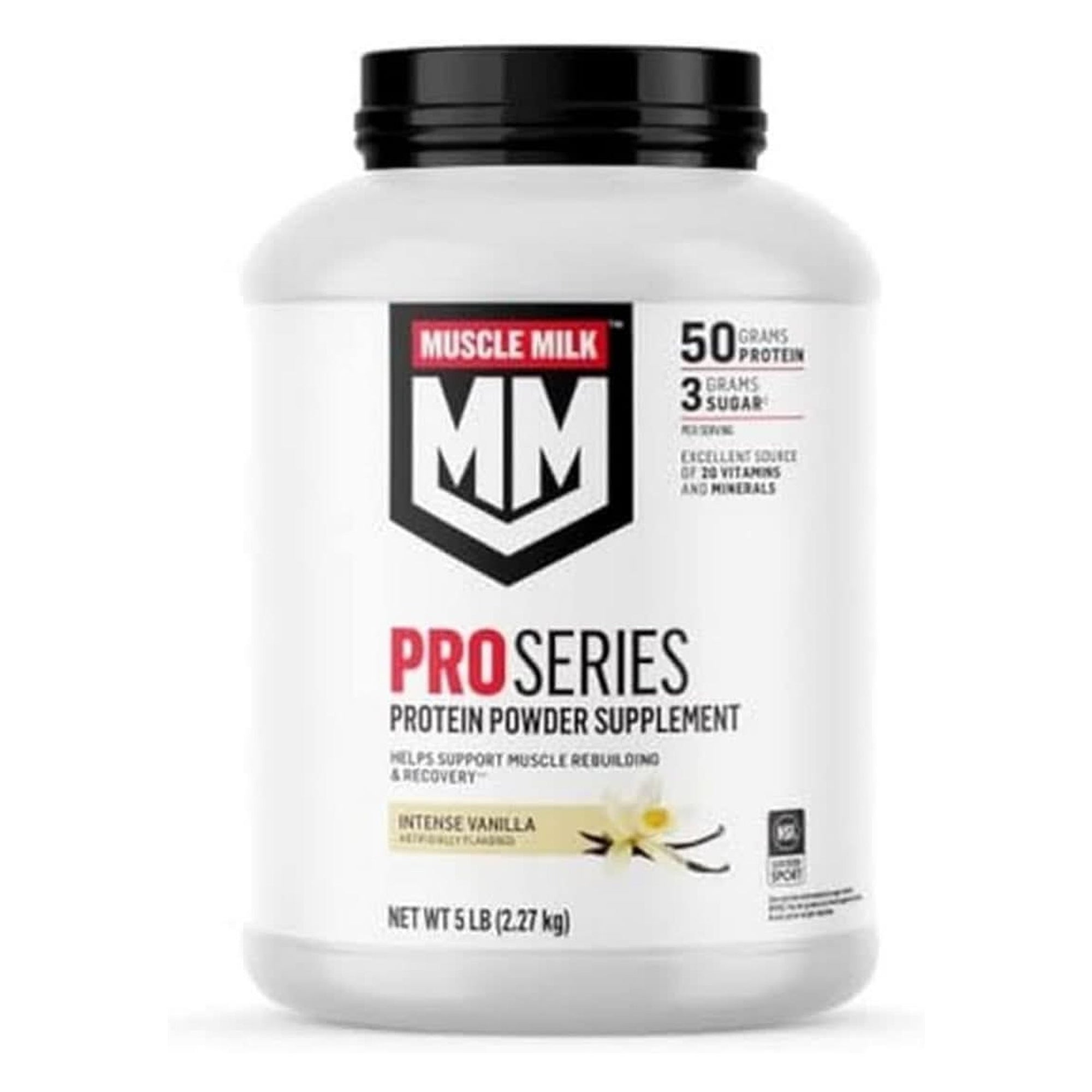 Muscle Milk Pro Series Protein Powder Supplement, Intense Vanilla, 5 Pound, 28 Servings, 50G Protein, 3G Sugar, 20 Vitamins & Minerals, NSF Certified for Sport, Workout Recovery, Packaging May Vary