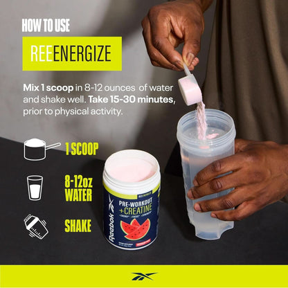 Reebok Reeenergize Pre-Workout + Creatine | 200MG Caffeine, 3G Creatine, 4G Citrulline | Energy, Focus, Strength | Nitric Oxide Booster | 25 Servings | Watermelon Crush