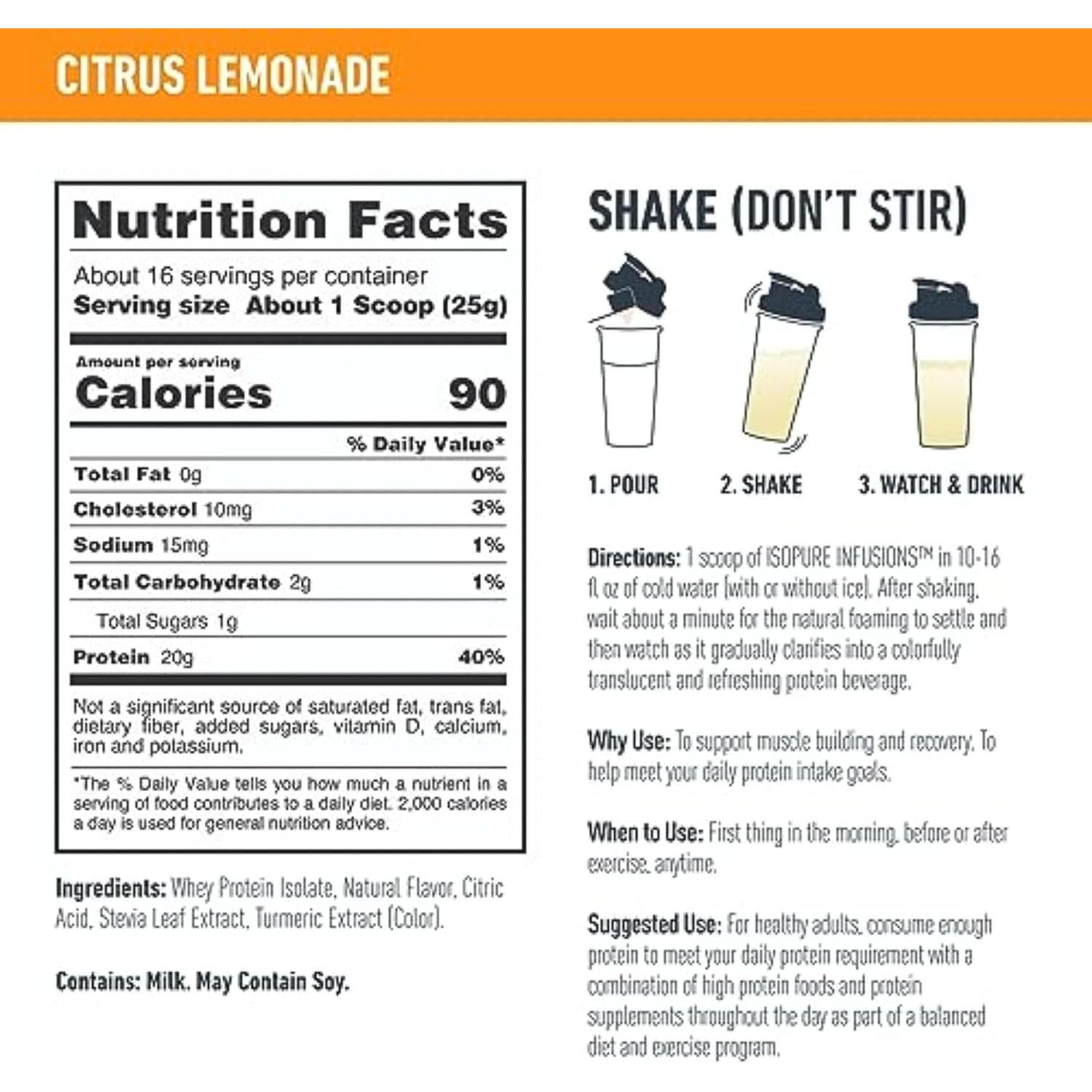 Isopure Protein Powder, Clear Whey Isolate Protein, Post Workout Recovery Drink Mix, Gluten Free with Zero Added Sugar, Infusions- Citrus Lemonade, 16 Servings, 0.88 Pounds