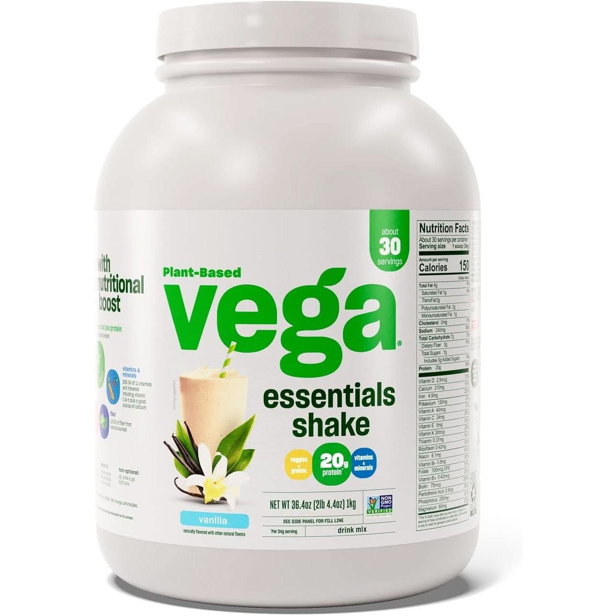 Vega Original Protein Powder, Creamy Vanilla Plant Based Protein Drink Mix for Water, Milk and Smoothies, 32.5 Oz