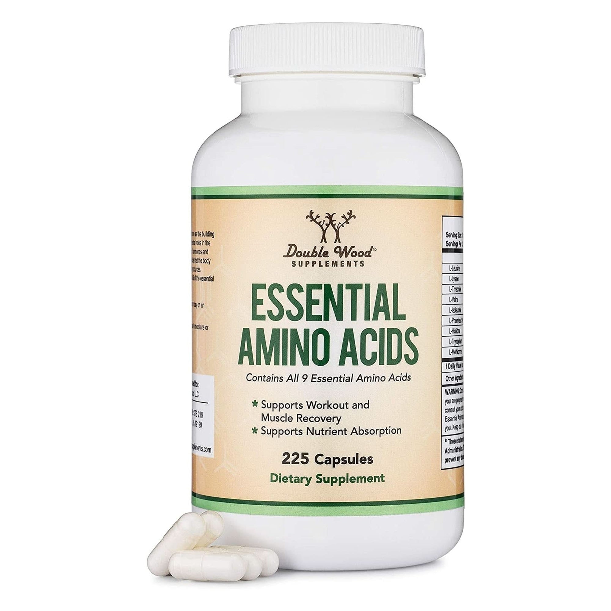 Essential Amino Acids - 1 Gram per Serving Powder Blend of All 9 Essential Aminos (EAA) and All Branched-Chain Aminos (Bcaas) (Leucine, Isoleucine, Valine) 225 Capsules, Gluten Free by Double Wood