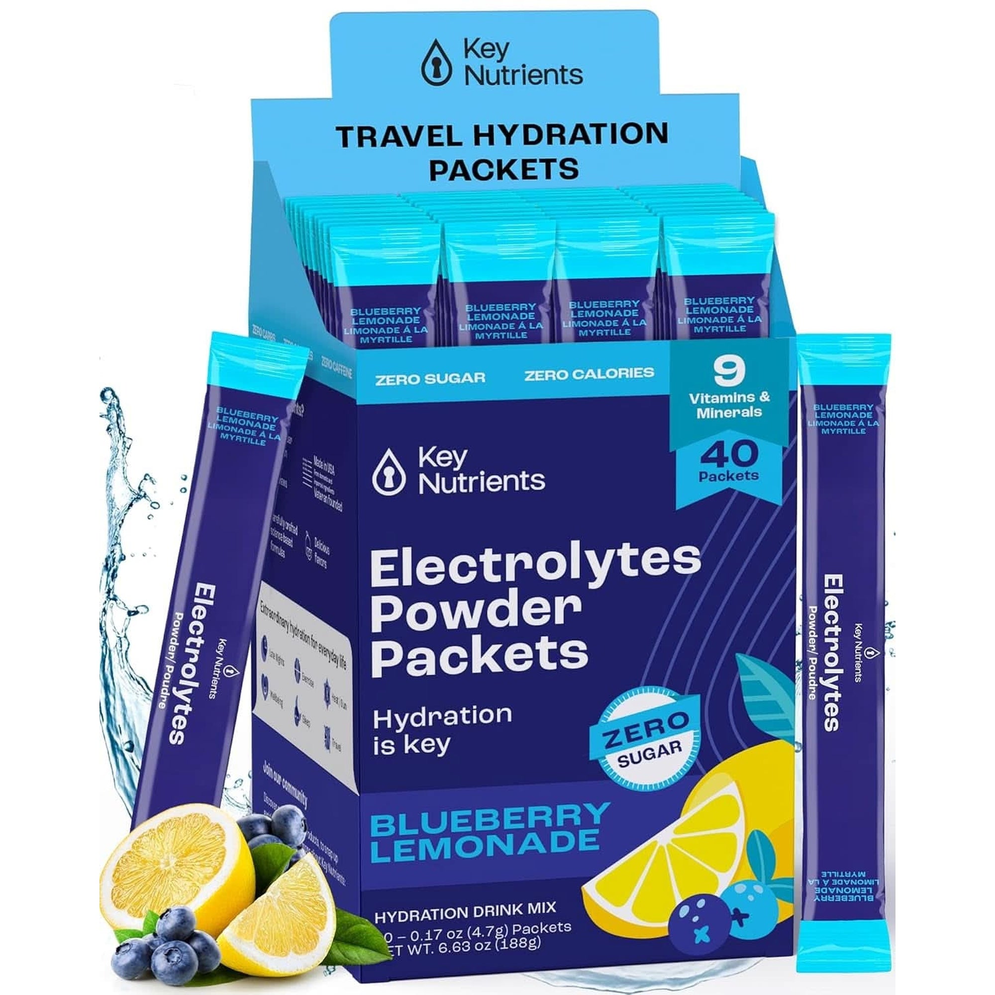 KEY NUTRIENTS Multivitamin Electrolytes Powder No Sugar - Sweet Blue Raspberry Electrolyte Powder - Endurance & Energy Supplement - Hydration Powder - No Calories - 90 Servings - Made in USA