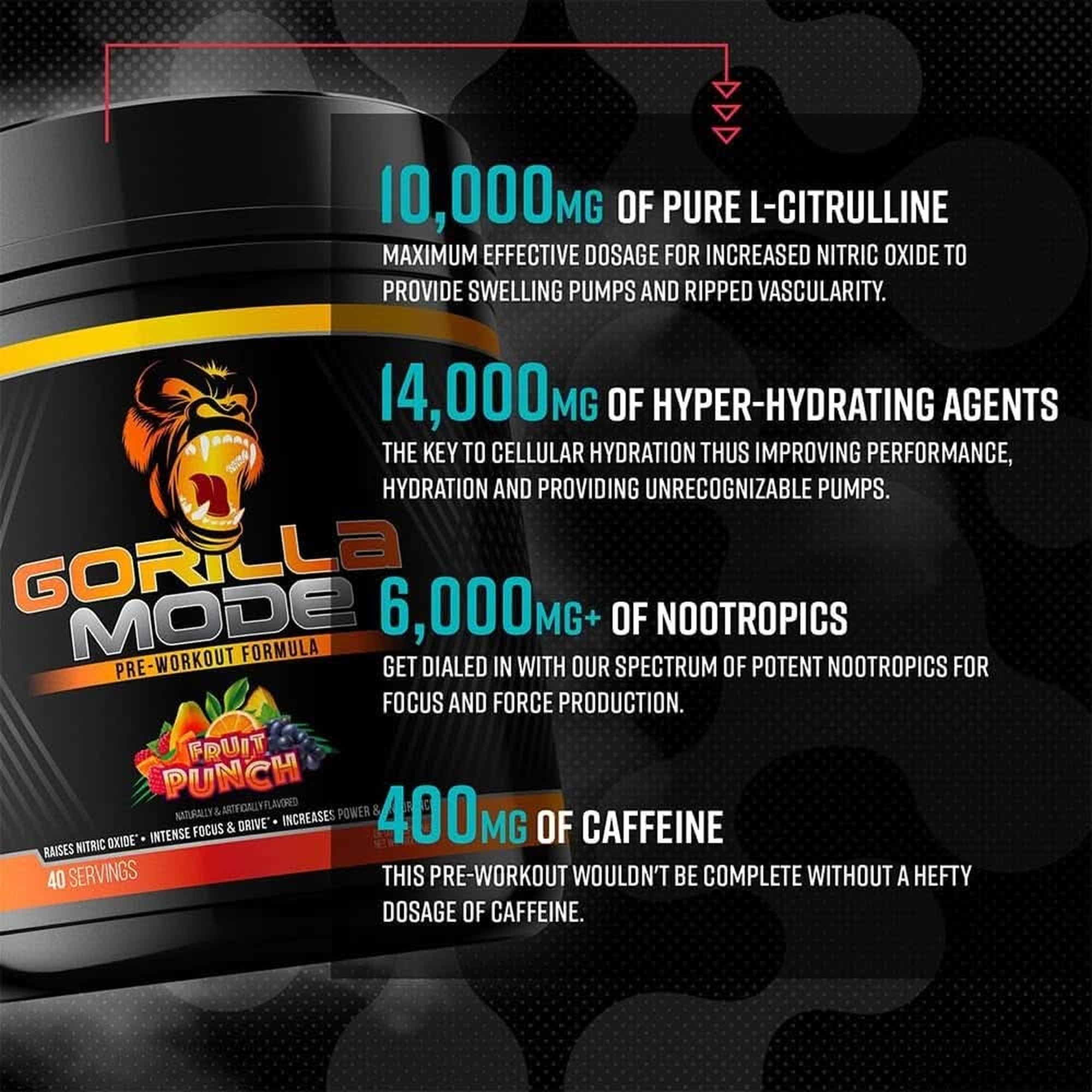 Gorilla Mode Pre Workout - Massive Pumps · Laser Focus · Energy · Power - L-Citrulline, Creatine, L-Tyrosine, Betaine, Hydroprime®, Alpha-Gpc, 400Mg Caffeine, Huperzine a - 620G (Bombsicle)