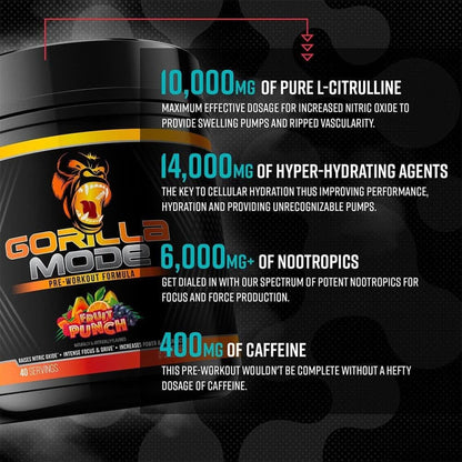 Gorilla Mode Pre Workout - Massive Pumps · Laser Focus · Energy · Power - L-Citrulline, Creatine, L-Tyrosine, Betaine, Hydroprime®, Alpha-Gpc, 400Mg Caffeine, Huperzine a - 620G (Bombsicle)