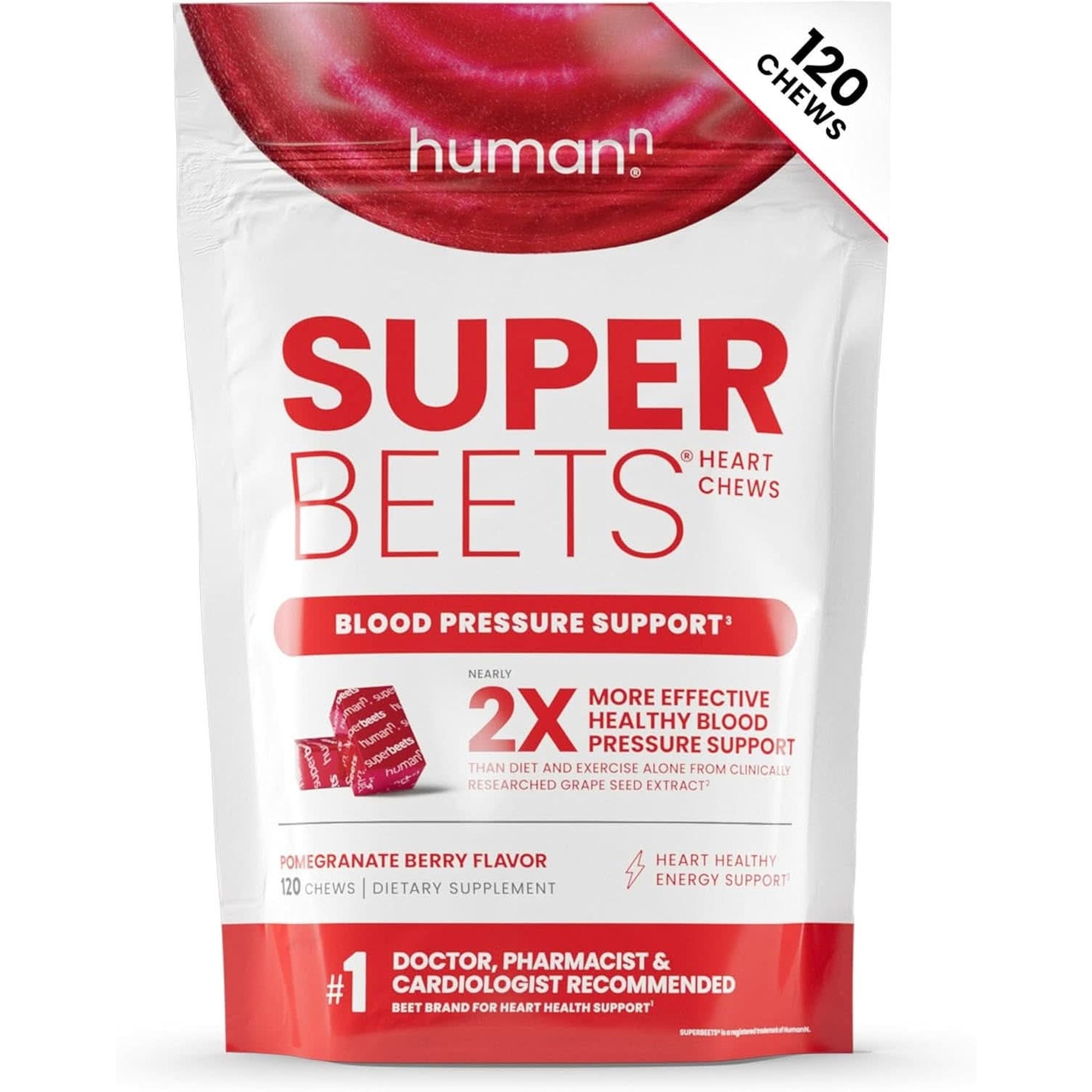 Humann Superbeets Heart Chews, Nitric Oxide and Blood Pressure Support, Grape Seed Extract & Non-Gmo Beet Root Powder Energy Chews, Super Beets Heart Chews, Pomegranate Berry Flavor, 60 Count