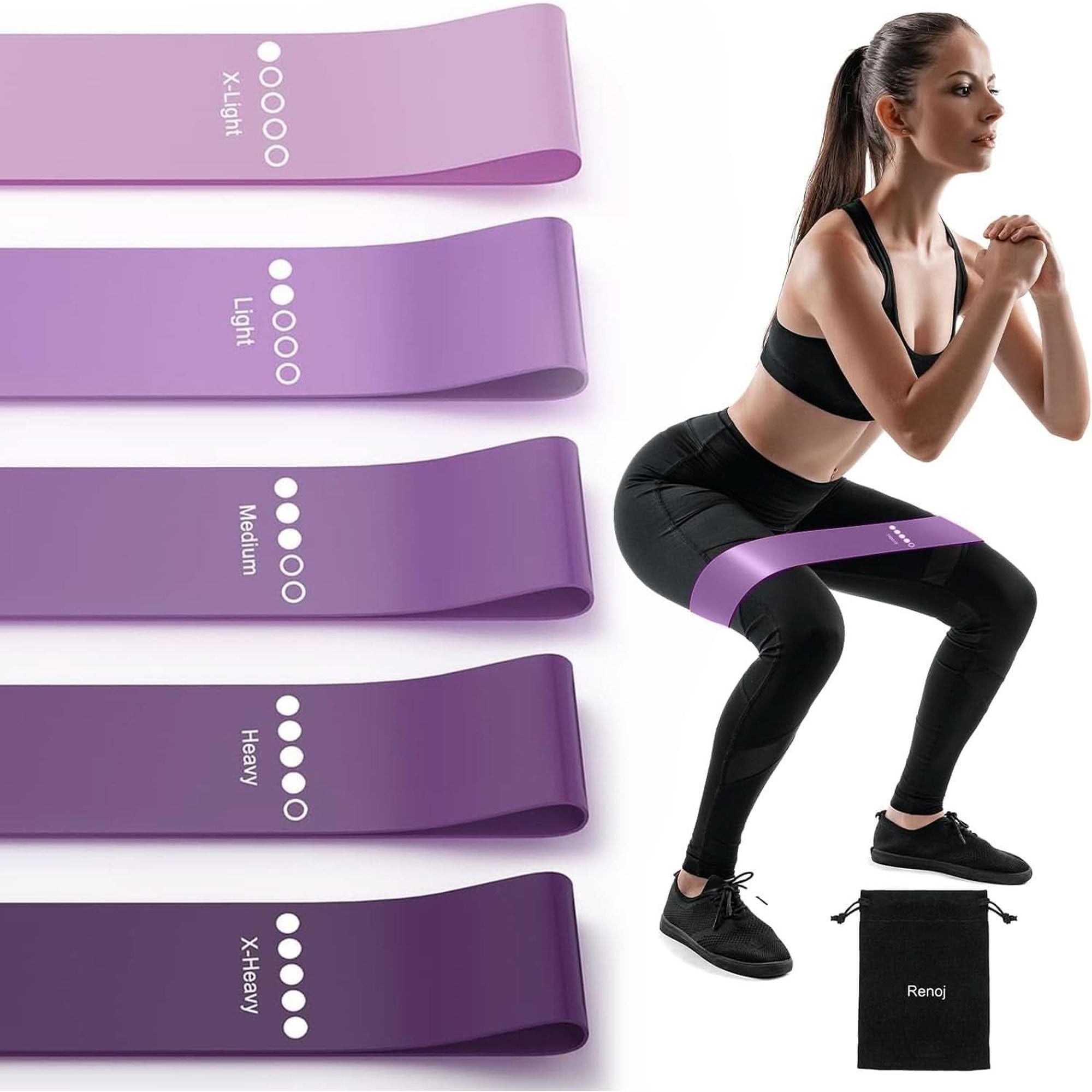 Renoj Resistance Bands for Working Out, Elastic Exercice Loop Bands for Physical Therapy, 5 Set of Stretch Bands for Booty Legs, with Instruction Manual and Carry Bag