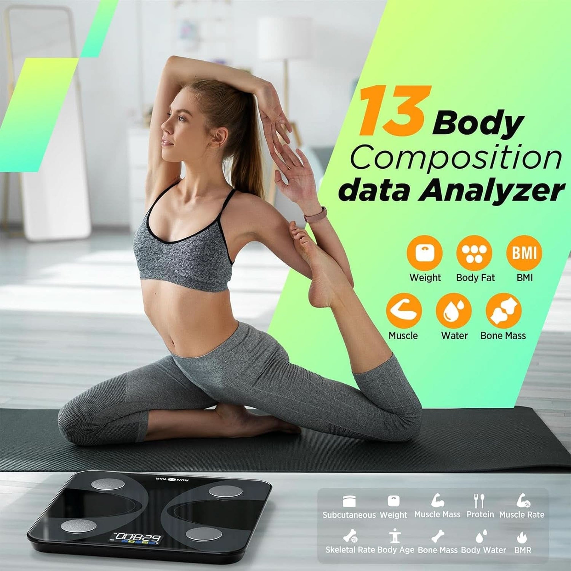 Runstar Smart Scale for Body Weight and Fat Percentage, High Accuracy Digital Bathroom Scale FSA or HSA Eligible with LCD Display for BMI 13 Body Composition Analyzer Sync with Fitness App