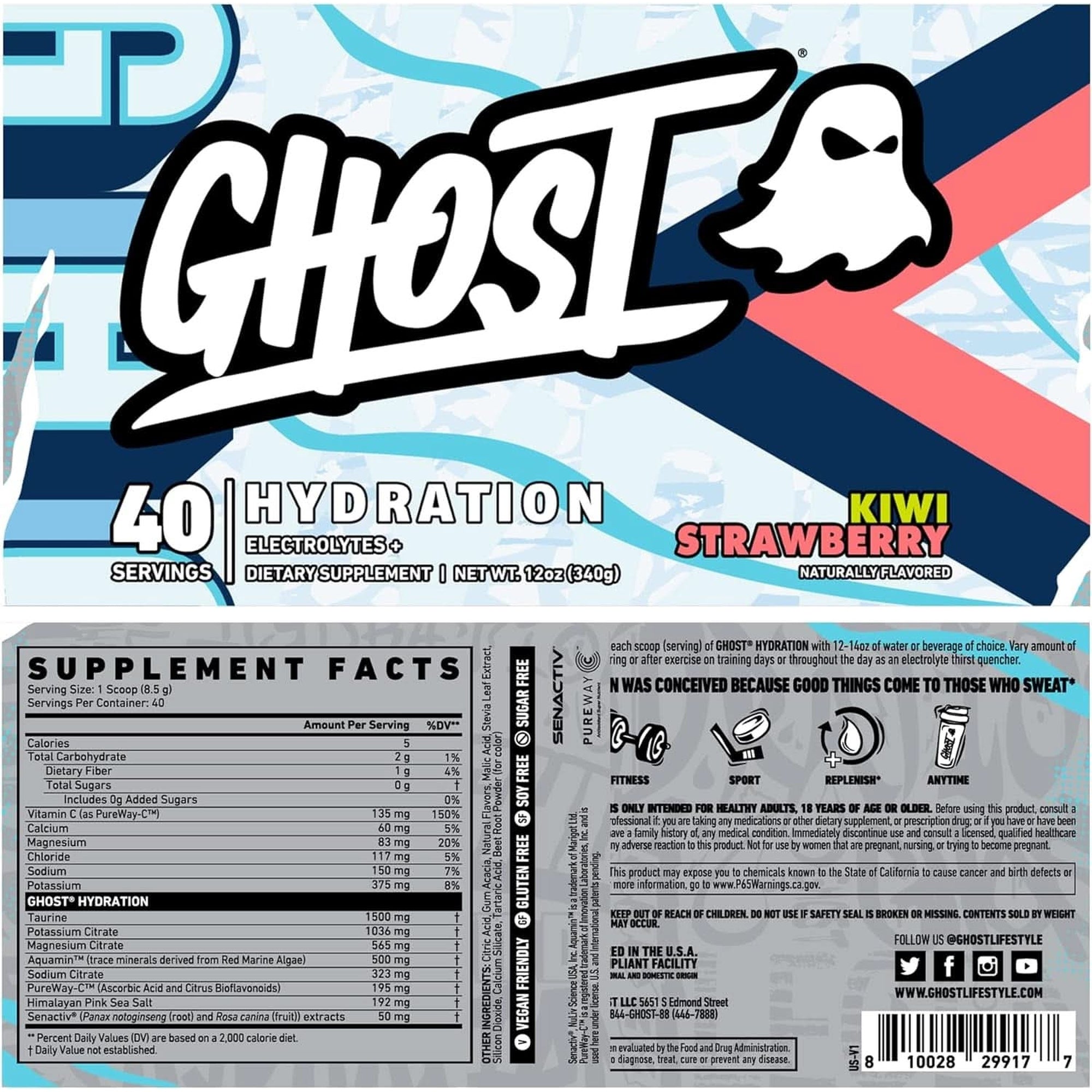 GHOST Hydration, Kiwi Strawberry, 40 Serv, Electrolyte Powder - Drink Mix Supplement with Magnesium, Potassium, Calcium, Vitamin C & Taurine for Energy & Endurance - Vegan, Free of Soy, Sugar & Gluten