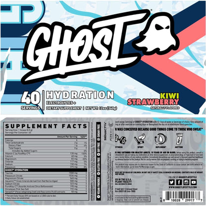 GHOST Hydration, Kiwi Strawberry, 40 Serv, Electrolyte Powder - Drink Mix Supplement with Magnesium, Potassium, Calcium, Vitamin C & Taurine for Energy & Endurance - Vegan, Free of Soy, Sugar & Gluten