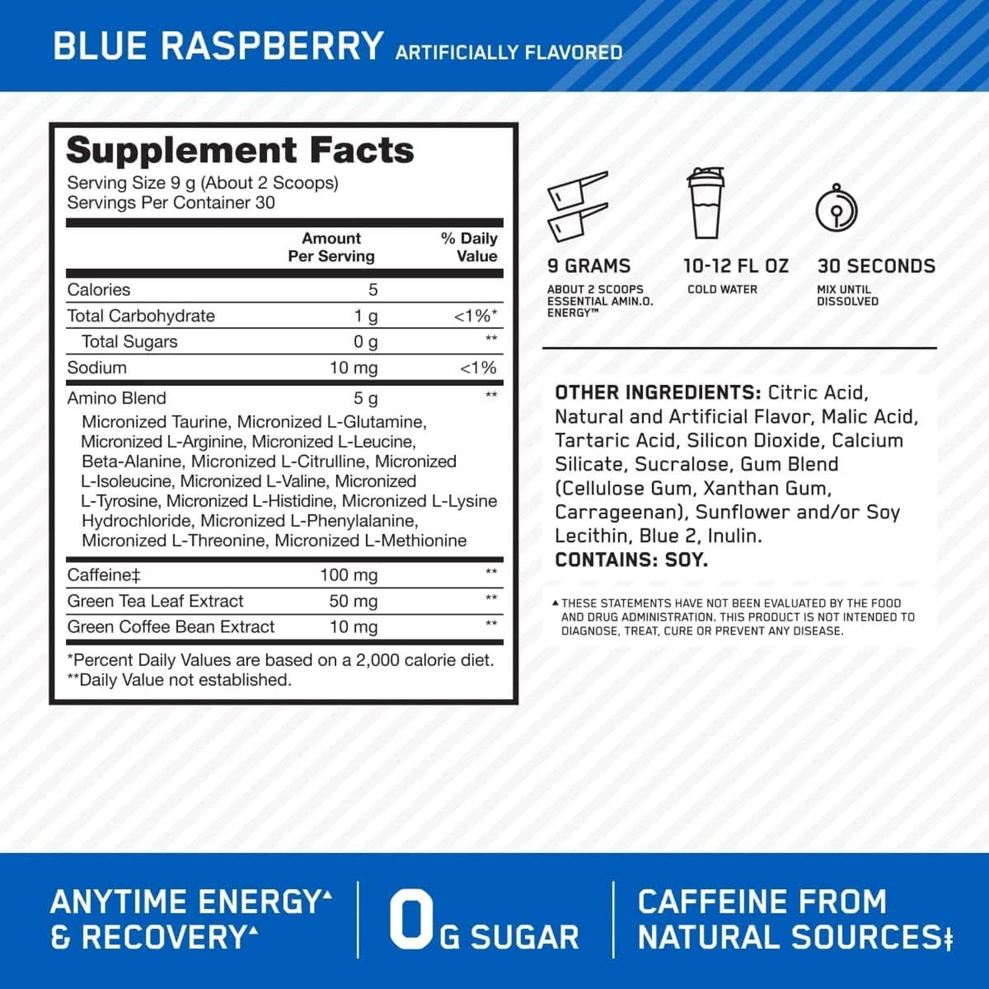 Optimum Nutrition Amino Energy - Pre Workout with Green Tea, BCAA, Amino Acids, Keto Friendly, Green Coffee Extract, Energy Powder - Blue Raspberry, 30 Servings (Packaging May Vary)