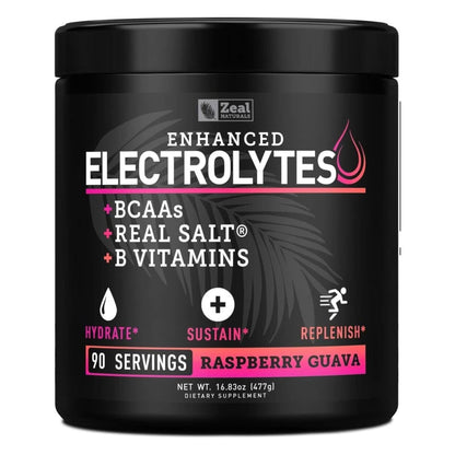 Enhanced Electrolyte Powder (Raspberry Guava 90Ct) Sugar Free + BCAA, B-Vitamins & Real Salt® - Keto Electrolytes Drinks, Hydration Powder W Potassium, Sodium, Zinc, Magnesium for Hydration & Recovery