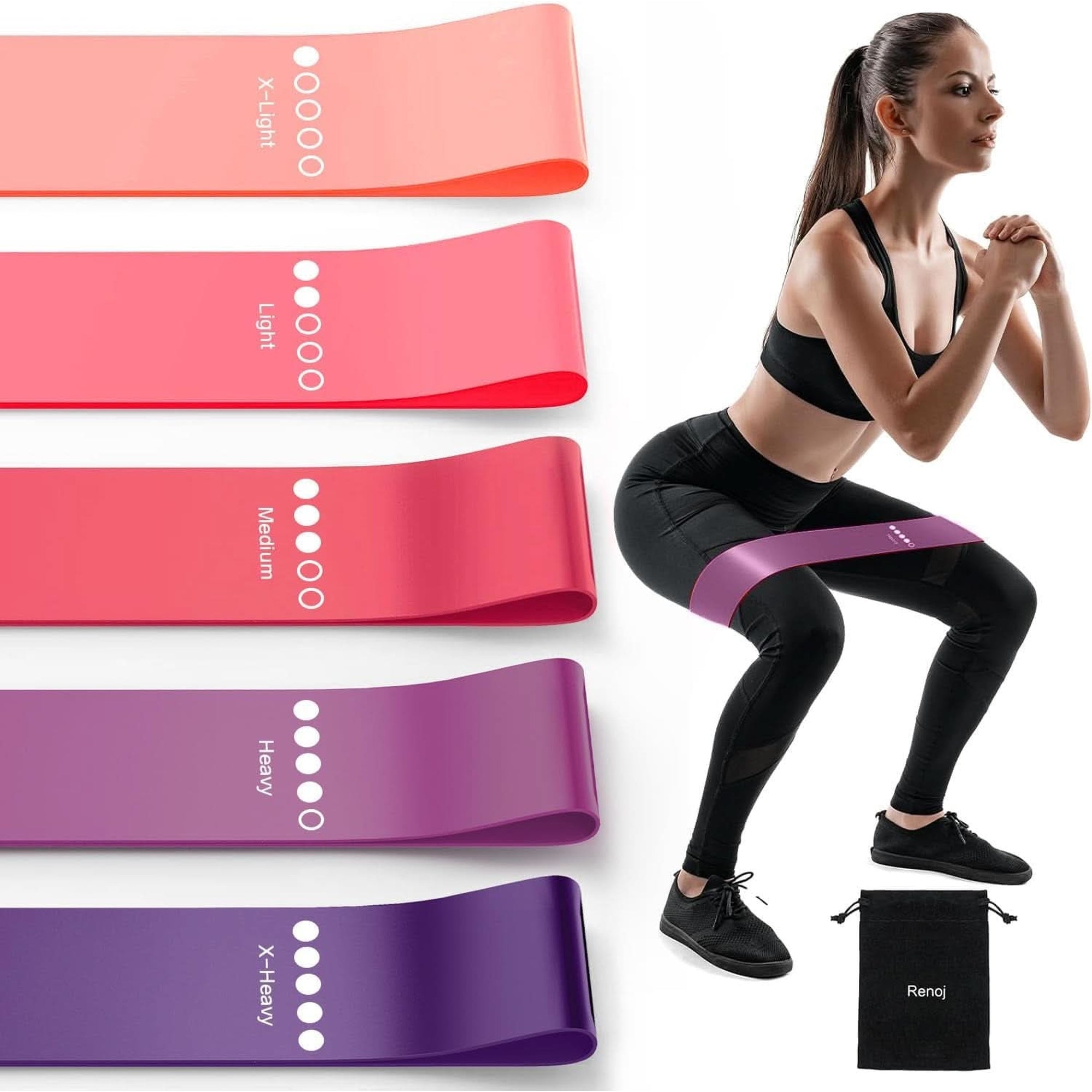 Renoj Resistance Bands for Working Out, Elastic Exercice Loop Bands for Physical Therapy, 5 Set of Stretch Bands for Booty Legs, with Instruction Manual and Carry Bag