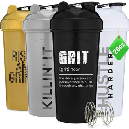 GOMOYO 4 Pack 28Oz Shaker Bottle with Motivational Quotes Black, White, Silver, Gold |Protein Bottle with 4X Wire Mixers | Shaker Bottle for Protein Mixes Pack Is BPA Free and Dishwasher Safe