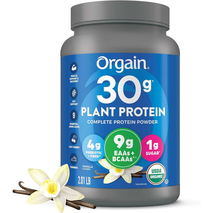 Orgain Organic 30G Vegan Protein Powder, Chocolate 9G Eaas + Bcaas, Plant Protein, 6G Prebiotic + Fiber, 1G Sugar, Pre-Workout, Muscle Support + Recovery - 2.01Lb (Packaging May Vary)