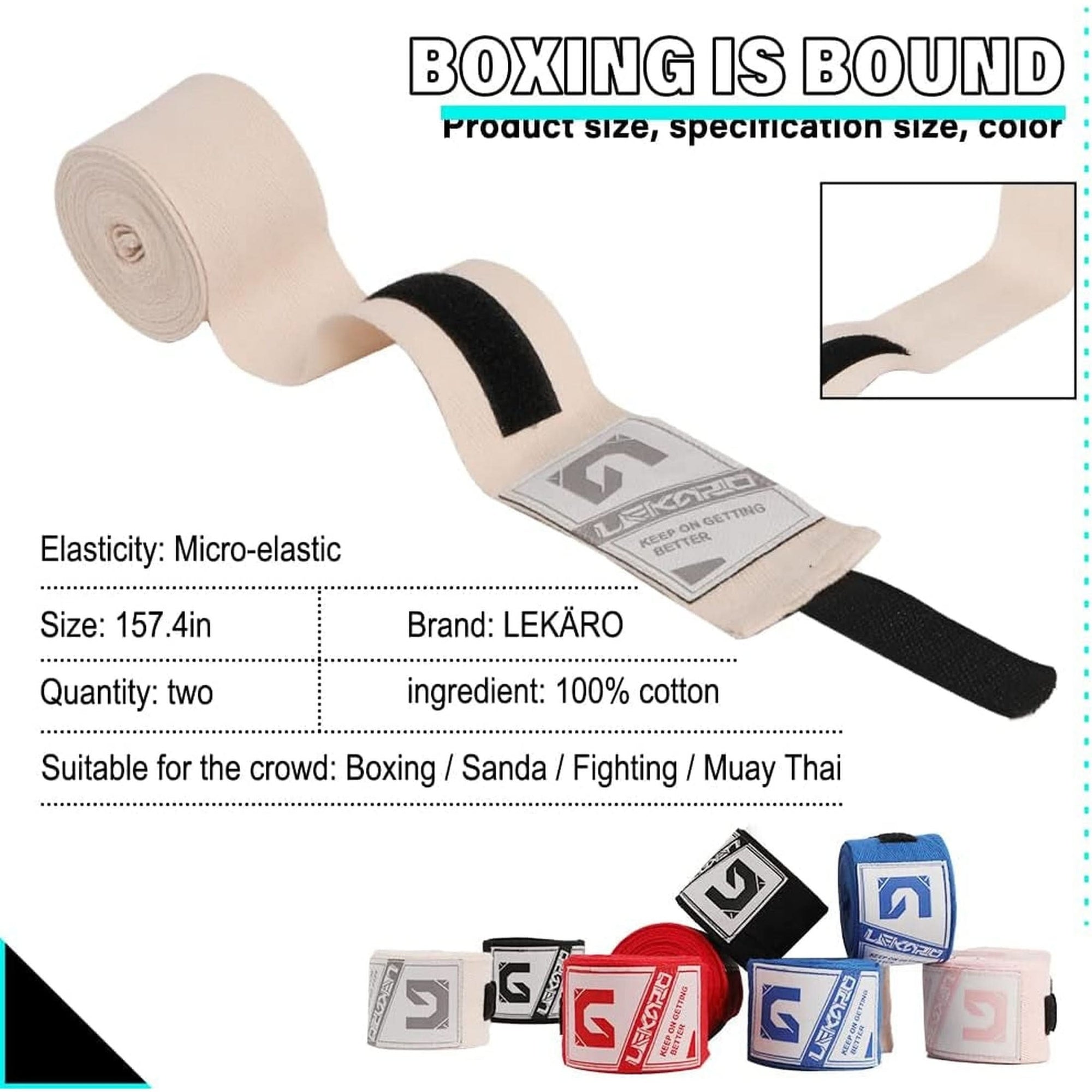 LEKÄRO Elastic Cotton Boxing Hand Wraps for Muay Thai MMA Training for Men & Women