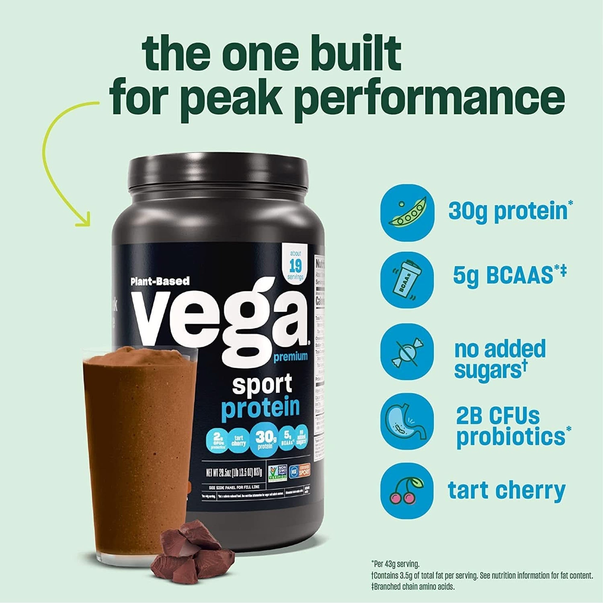 Vega Premium Sport Protein Chocolate Protein Powder, Vegan, Non GMO, Gluten Free Plant Based Protein Powder Drink Mix, NSF Certified for Sport, 29.5 Oz