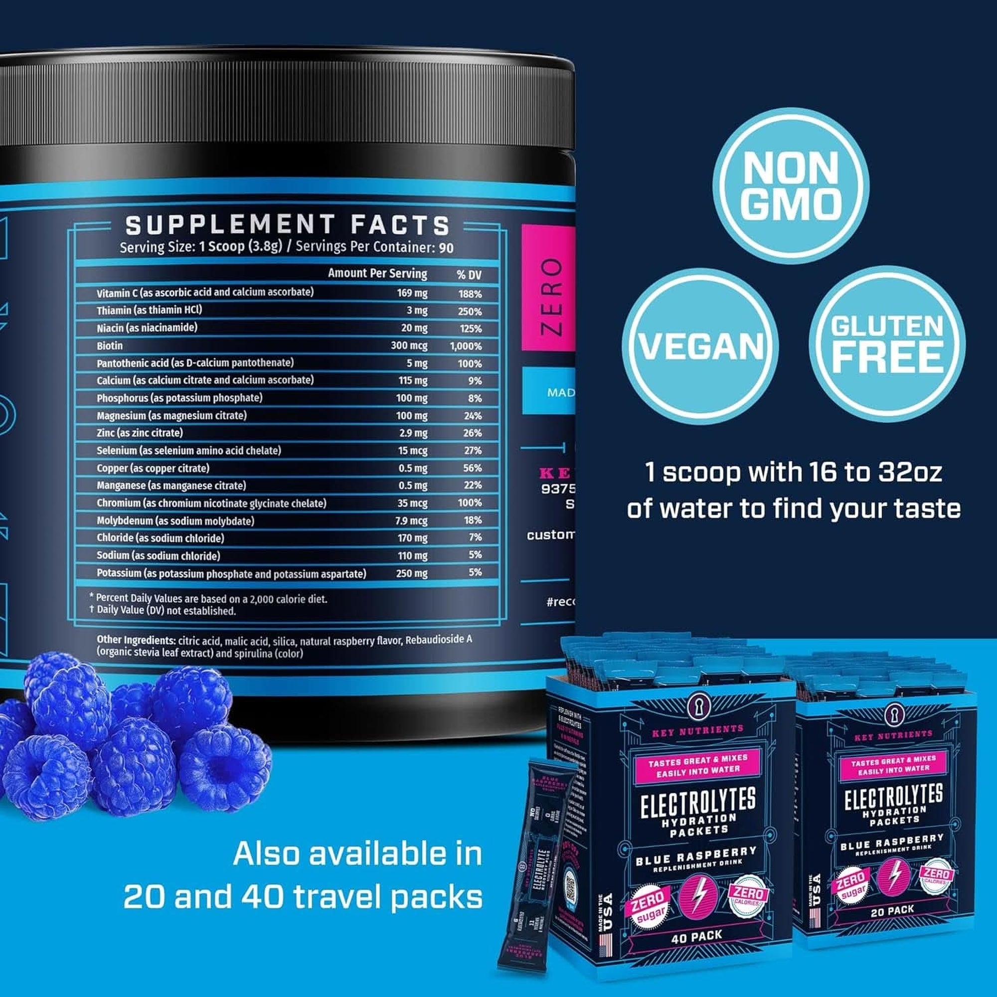 KEY NUTRIENTS Multivitamin Electrolytes Powder No Sugar - Sweet Blue Raspberry Electrolyte Powder - Endurance & Energy Supplement - Hydration Powder - No Calories - 90 Servings - Made in USA