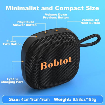 Bobtot Portable Bluetooth Speakers Wireless Speaker - Waterproof Mini Shower Speaker with 16 Hours Playtime, Loud Stereo Sound, Rich Bass, TWS, Built-In Mic for Home Travel Sport, Black