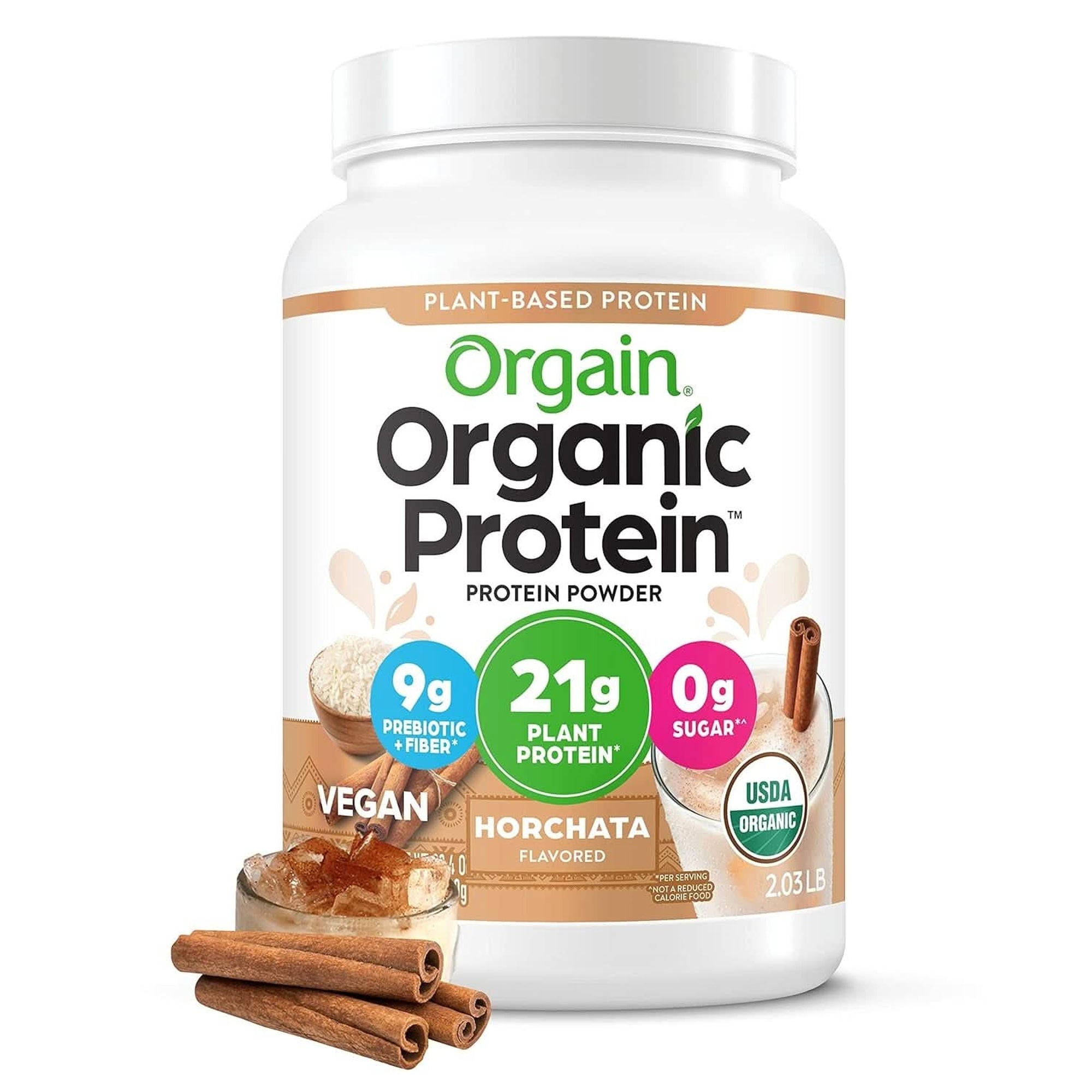 Orgain Organic Vegan Protein Powder, Strawberries & Cream - 21G Plant Based Protein, 4G Prebiotic Fiber, Low Net Carb, No Lactose Ingredients, No Added Sugar, Non-Gmo, for Shakes & Smoothies, 2.03 Lb