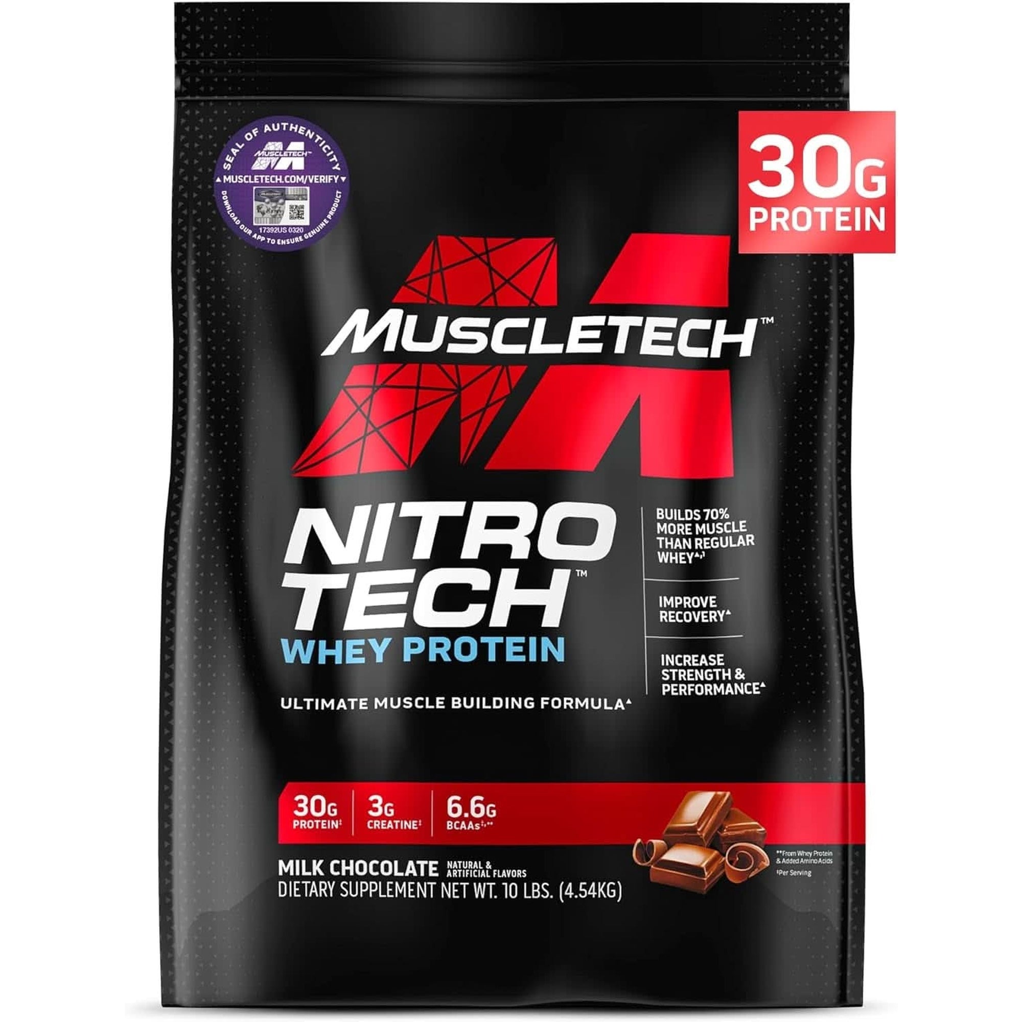 Muscletech Whey Protein Powder (Strawberry, 4 Pound) - Nitro-Tech Muscle Building Formula with Whey Protein Isolate & Peptides - 30G of Protein, 3G of Creatine & 6.6G of BCAA