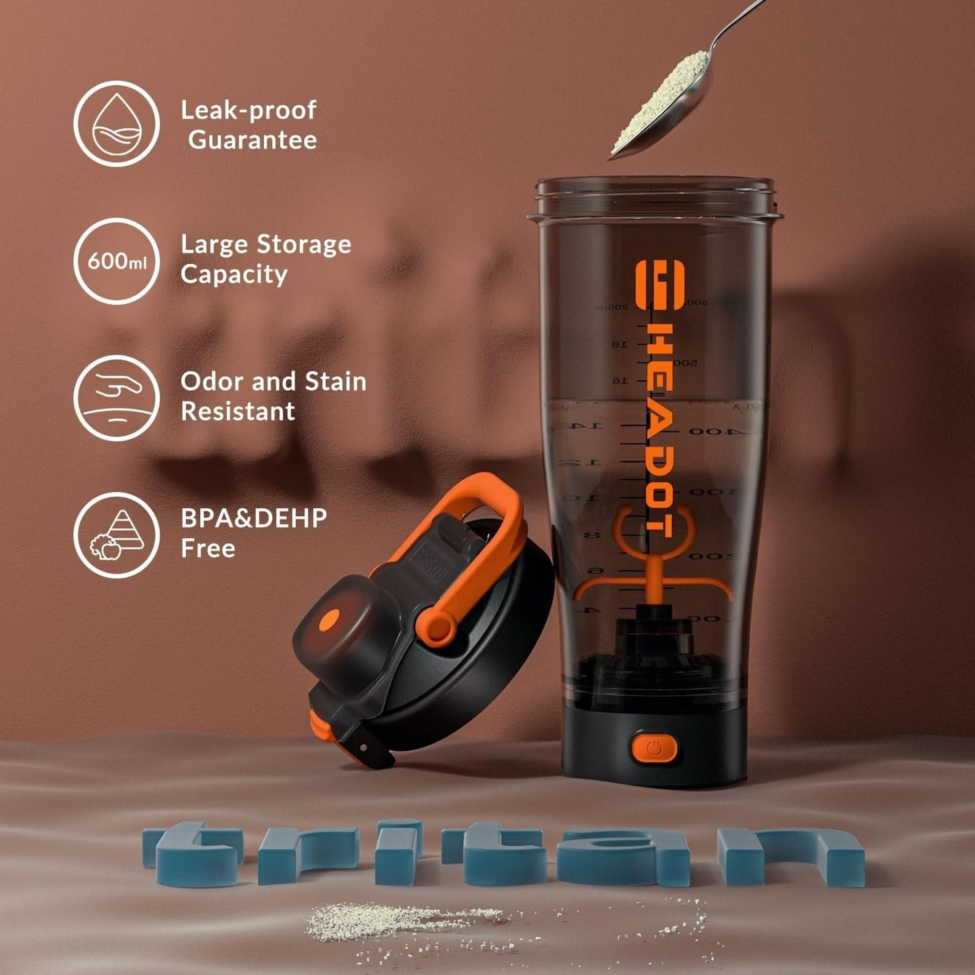 Headot Electric Protein Shaker Bottle, Blender Bottles for Protein Mixes, 24 Oz Echargeable Type-C Shaker Cup, Made with Tritan, BPA Free Shakers for Protein Shakes Orange