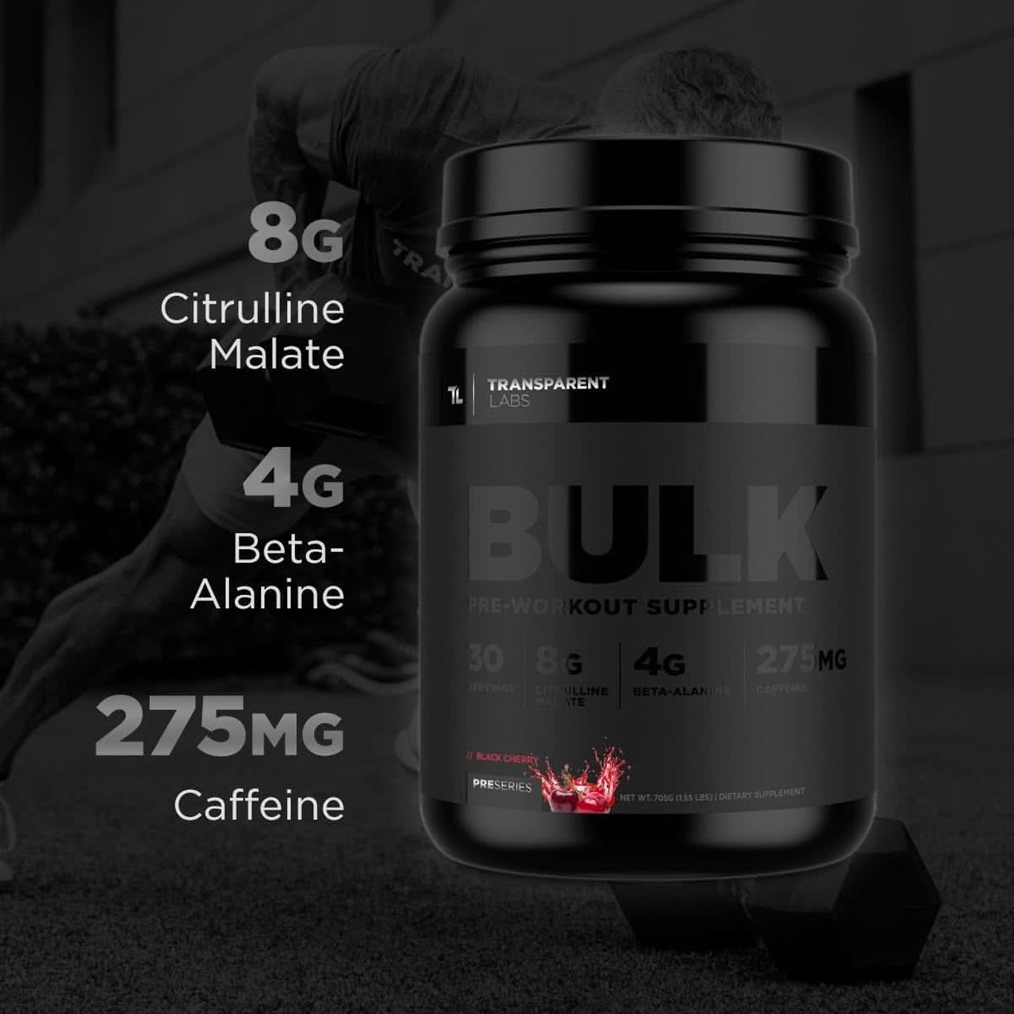 Transparent Labs Bulk Black Pre Workout - Clinically Dosed, Sugar Free Preworkout for Men and Women with Beta Alanine Powder, Citrulline Malate, & Caffeine Powder- 30 Servings, Black Cherry