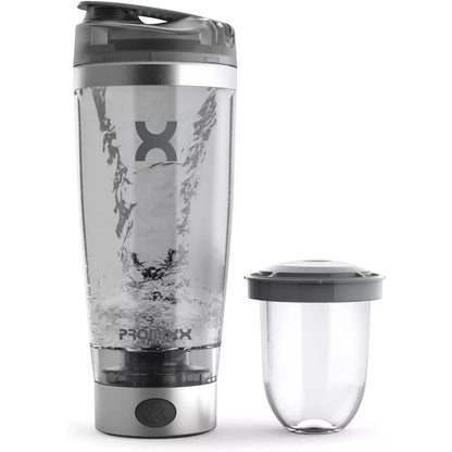 Promixx Pro Shaker Bottle Ix-R Edition | Rechargeable, Powerful for Smooth Protein Shakes | Includes Supplement Storage - BPA Free | 20Oz Cup Silver Blue/Gray