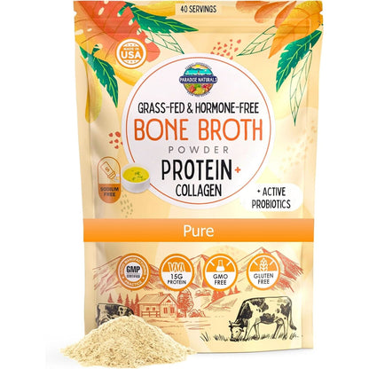 100% Grass-Fed Organic Beef Bone Broth Protein Powder, Active Probiotics, Collagen Peptide Rich, 15G Protein, Non-Gmo, Low Sodium, Healthy Skin, Gut Health, Paleo Keto, No Gluten