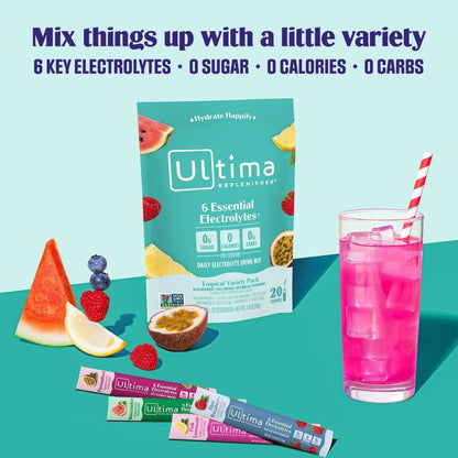 Ultima Replenisher Daily Electrolyte Drink Mix – Tropical Variety, 20 Stickpacks – Hydration Packets with 6 Electrolytes & Minerals – Keto Friendly, Non-Gmo & Sugar-Free Electrolyte Powder