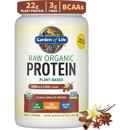 Organic Vegan Protein Powder, Unflavored Protein Powder, Garden of Life 22G Plant Based Protein & Bcaas, Organic Protein Powder with Probiotics & Enzymes, Non-Gmo, Gluten-Free Lactose Free 1.2 LB