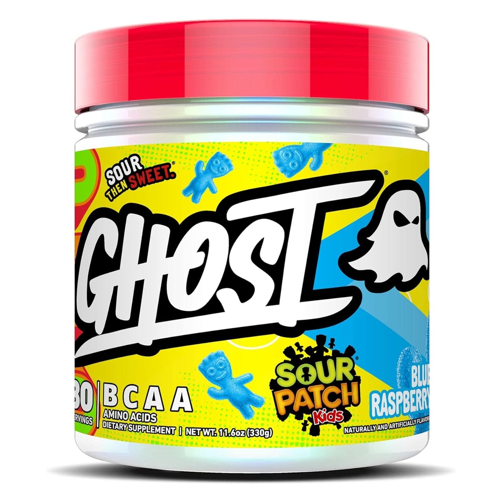 GHOST BCAA Powder Amino Acids Supplement, Sour Patch Kids Blue Raspberry - 30 Servings - Sugar-Free Intra, Post & Pre Workout Amino Powder & Recovery Drink, 7G BCAA