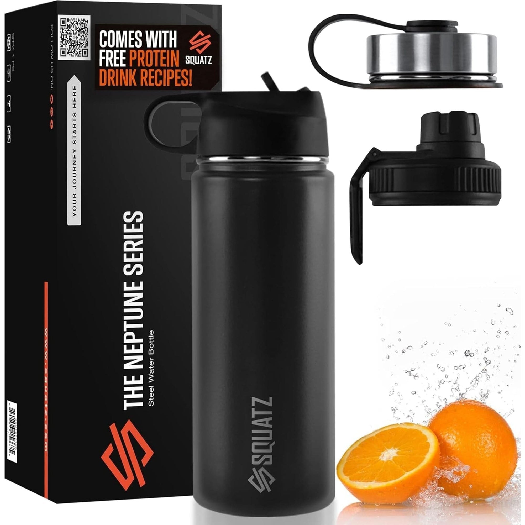 SQUATZ 18 Oz Neptune Series Steel Water Bottle, Stainless Double Wall Vacuum Insulated Flask with Handle Strap, Durable and Elegant Leak Proof Wide Mouth Thermos for Gym, Travel, Hiking, and Camping