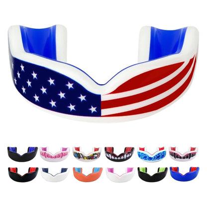 Sports Youth Mouth Guard for Kids USA Flag & Fangs & 20 Best Colors to Choose From - Youth Mouthguard Football, MMA, Karate, Flag Football, Rugby, Boxing, BJJ /W Case Youth, Strapless