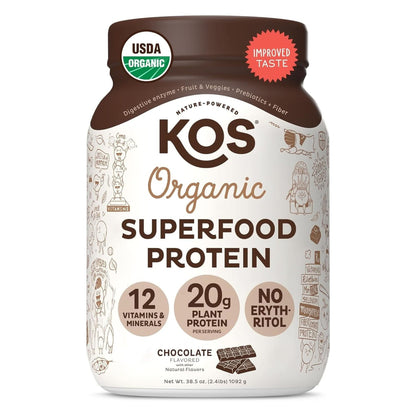 KOS Vegan Protein Powder Erythritol Free, Chocolate - Organic Pea Protein Blend, Plant Based Superfood Rich in Vitamins & Minerals - Keto, Dairy Free - Meal Replacement for Women & Men, 28 Servings