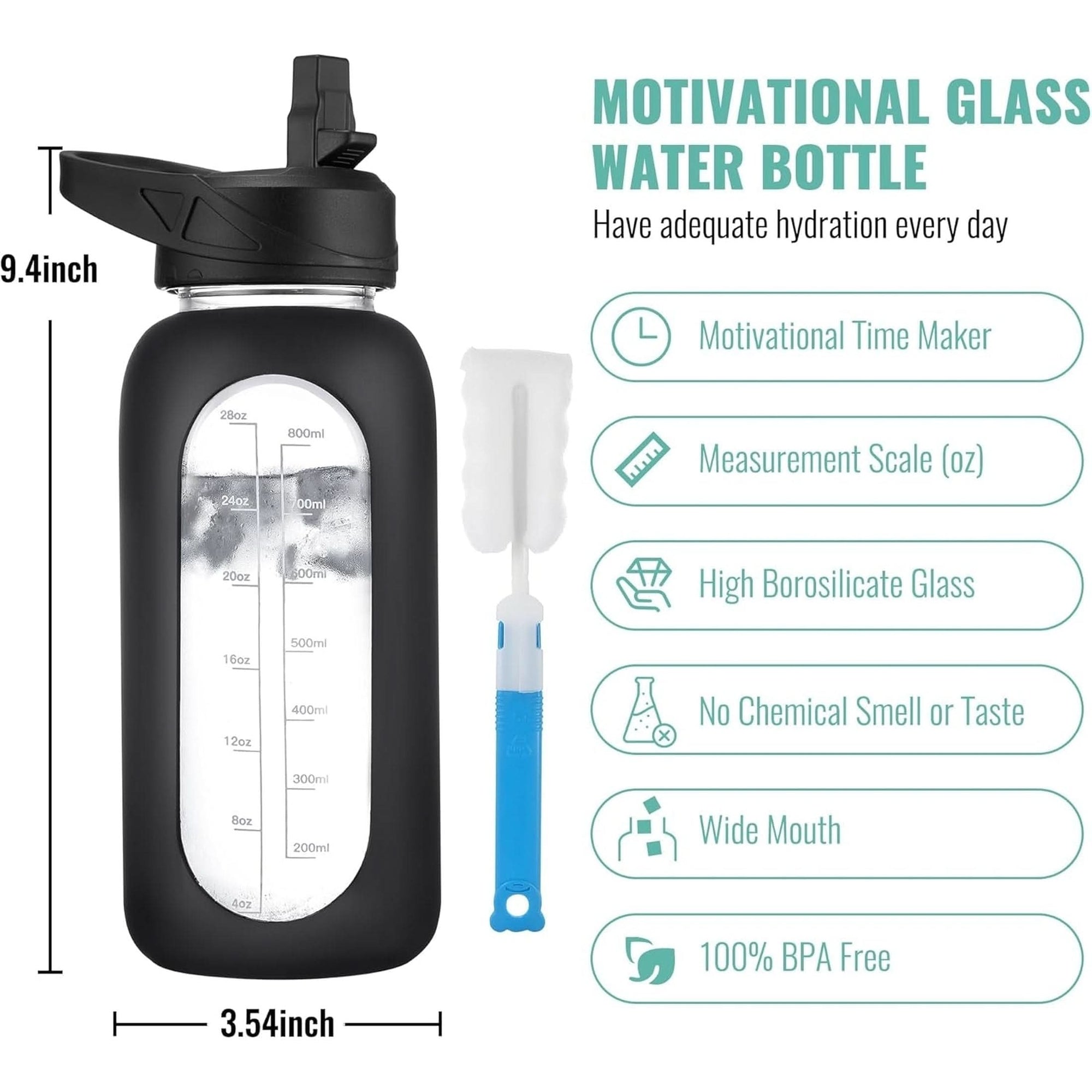 CIVAGO 32 Oz Glass Water Bottle with Straw and Handle, Large Sports Motivational Water Bottle Flask with Time Marker and 2 Lids, Leakproof Water Jug Canteen with Silicone Sleeve for Gym,Black