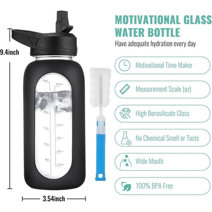 CIVAGO 32 Oz Glass Water Bottle with Straw and Handle, Large Sports Motivational Water Bottle Flask with Time Marker and 2 Lids, Leakproof Water Jug Canteen with Silicone Sleeve for Gym,Black