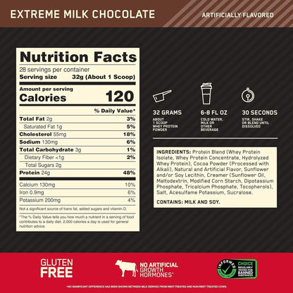 Optimum Nutrition Gold Standard 100% Whey Protein Powder, Extreme Milk Chocolate, 2 Pound (Pack of 1) (Packaging May Vary)