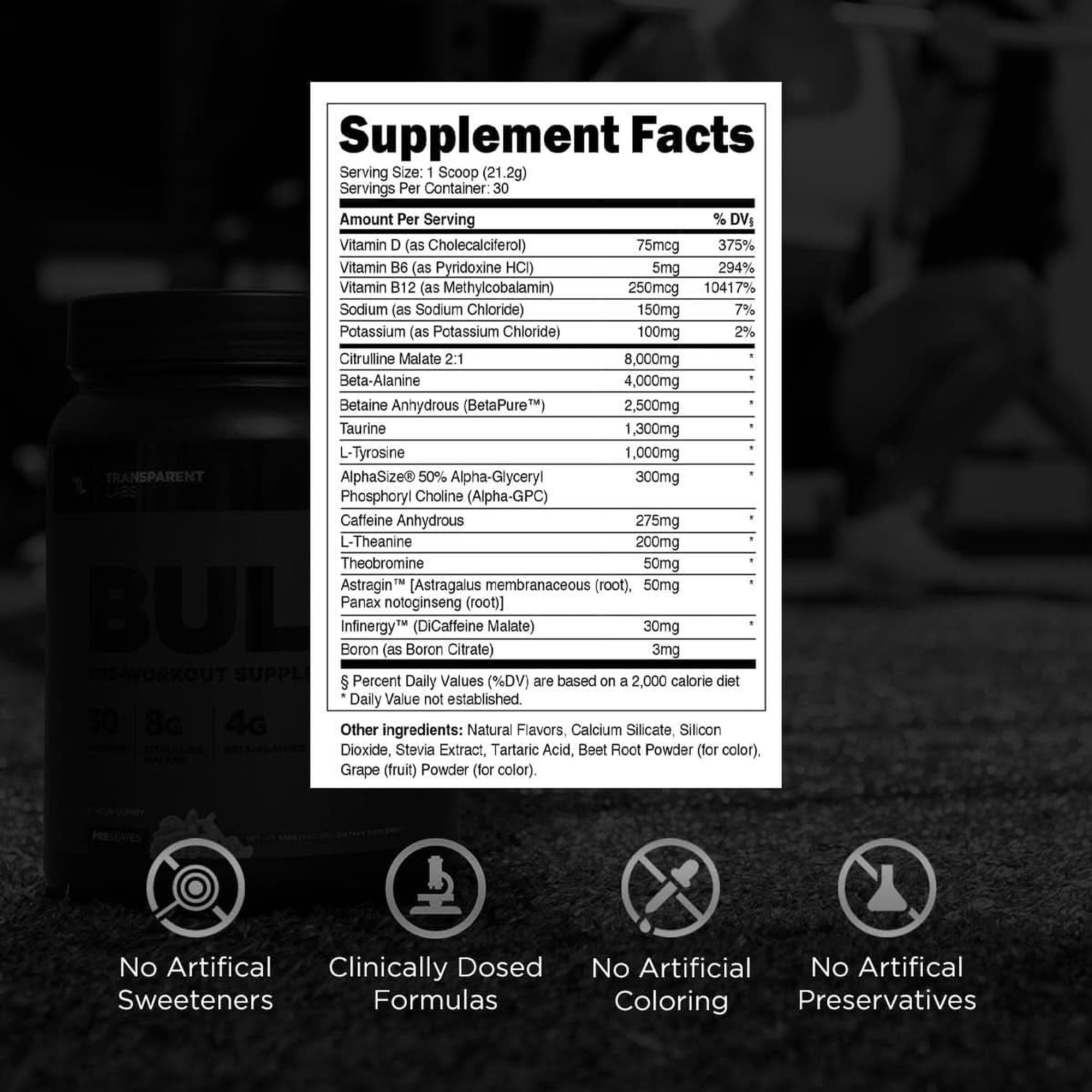 Transparent Labs Bulk Black Pre Workout - Clinically Dosed, Sugar Free Preworkout for Men and Women with Beta Alanine Powder, Citrulline Malate, & Caffeine Powder- 30 Servings, Black Cherry