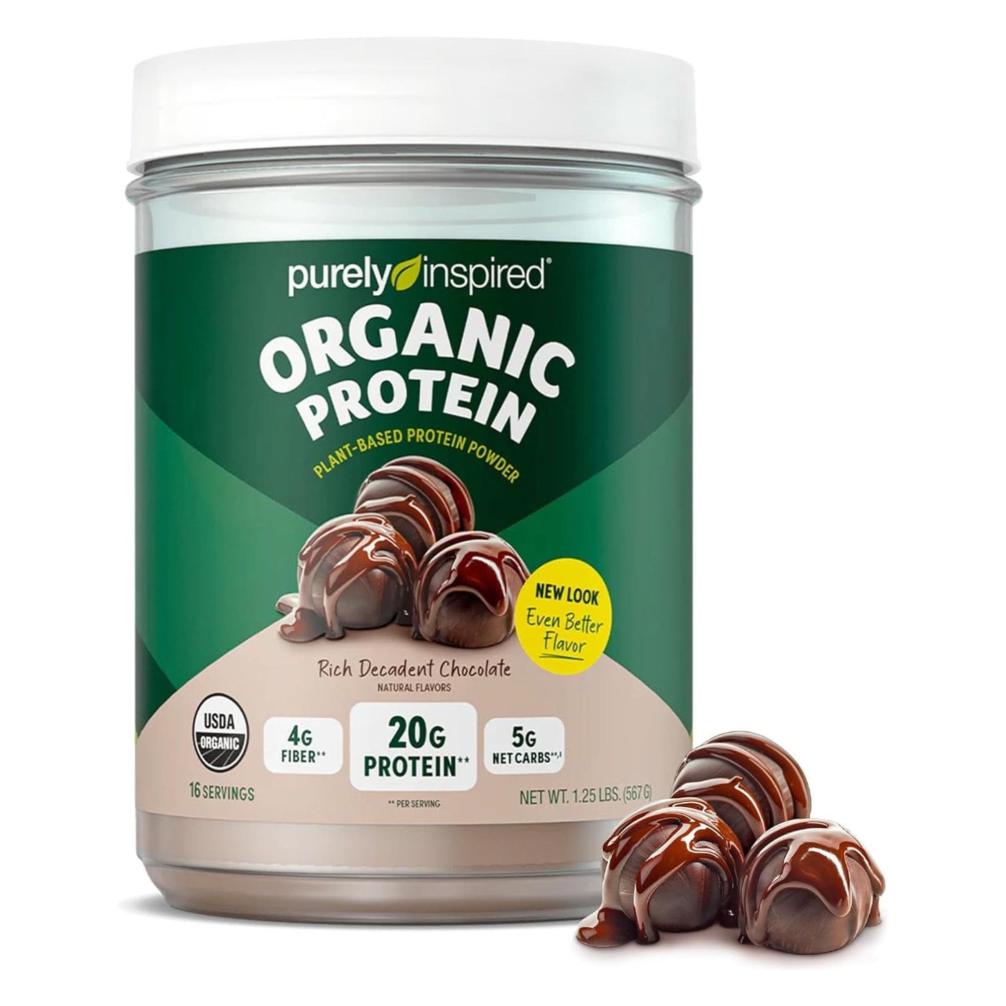 Purely Inspired Plant-Based Protein Powder for Men & Women, Rich Decadent Chocolate (16 Servings) - Vegan & Organic - 20G of Pea Protein Powder for Smoothies & Shakes - Dairy-Free, & Gluten-Free