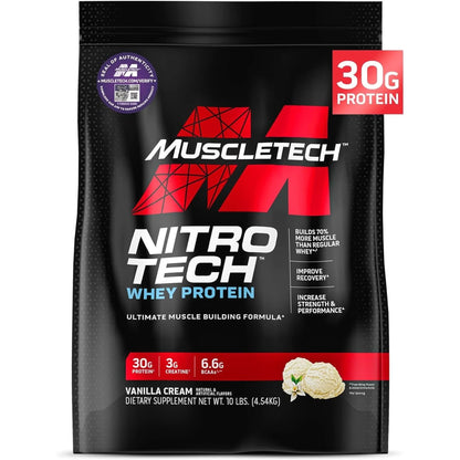 Muscletech Whey Protein Powder (Strawberry, 4 Pound) - Nitro-Tech Muscle Building Formula with Whey Protein Isolate & Peptides - 30G of Protein, 3G of Creatine & 6.6G of BCAA